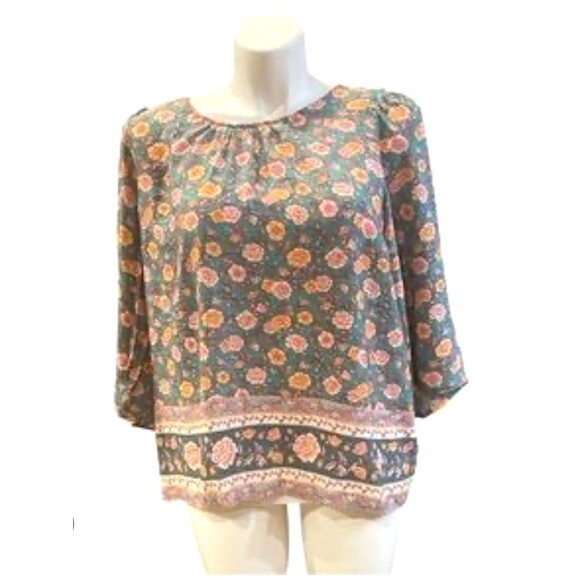 LC Lauren Conrad Green Pink floral BoHo peasant top Plus size XXL Tie Neck E U C - Picture 1 of 9